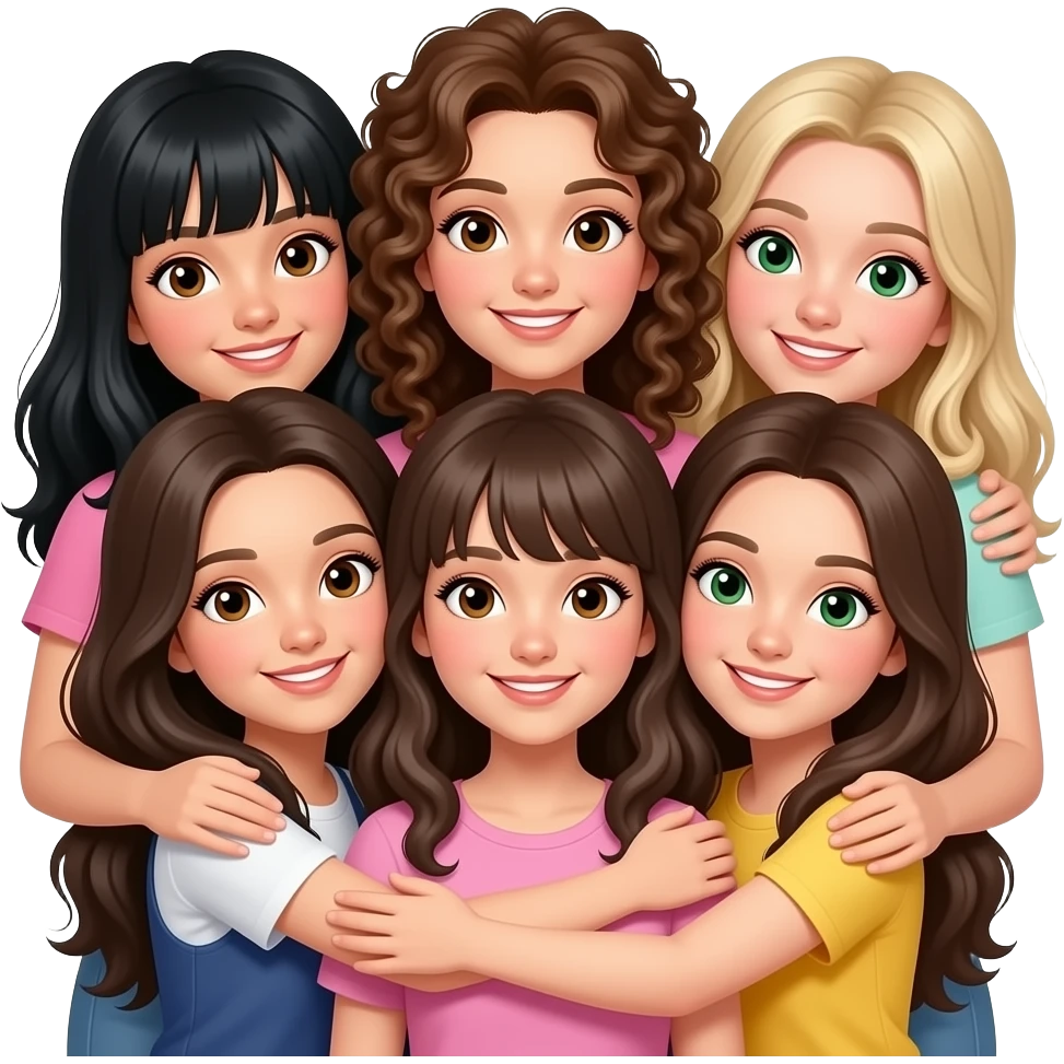 Un groupe de 8 filles qui se font un câlin 4 avec les cheveux noirs et les yeux marrons 3 avec les cheveux bloncds foncé donc 2 avec les cheveux bouclés et avec les yeux marrons et une avec les cheveux blonds et les yeux verts emoji