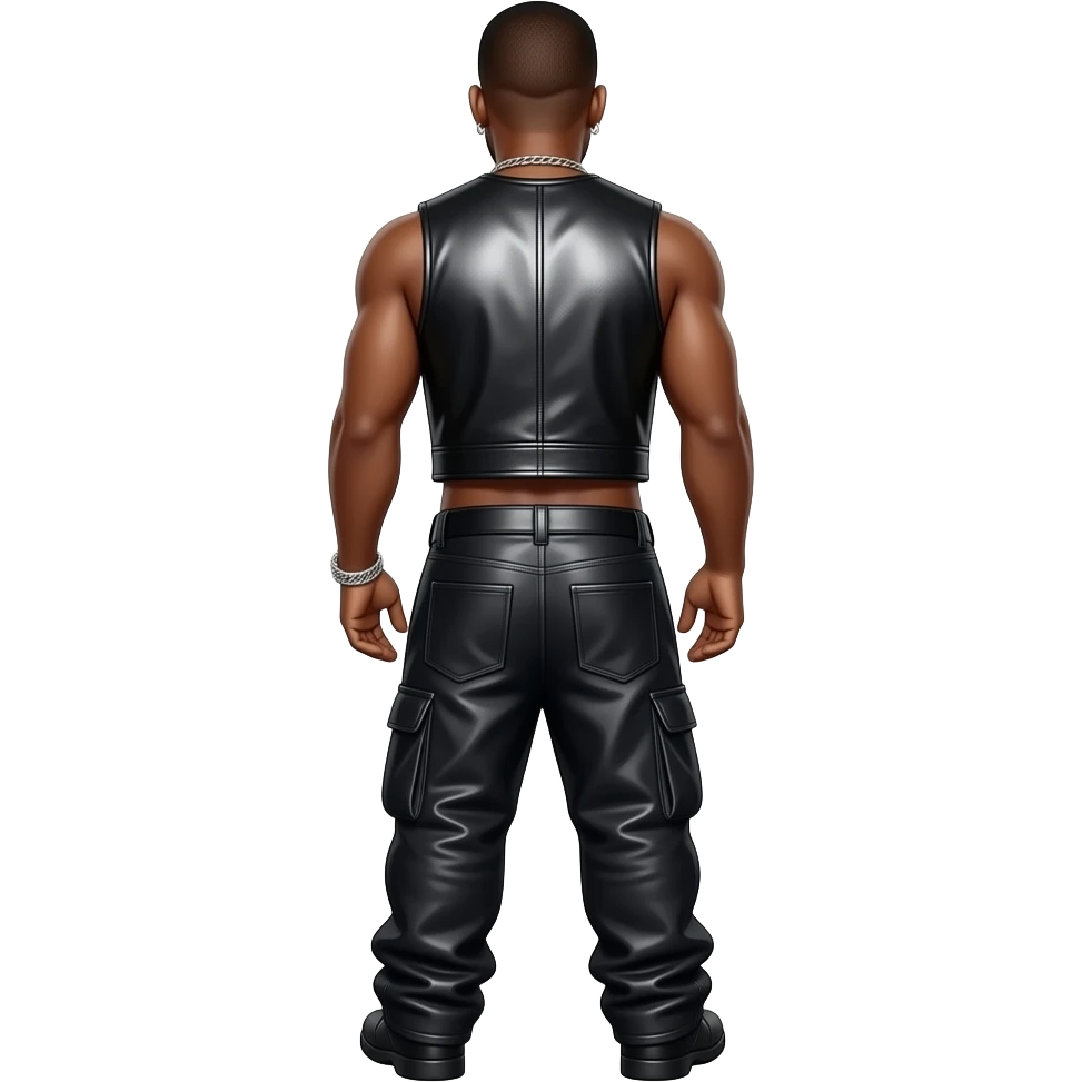R. Kelly from behind with black metallic vest, black metallic saggy pants, shirtless with necklace and earrings emoji