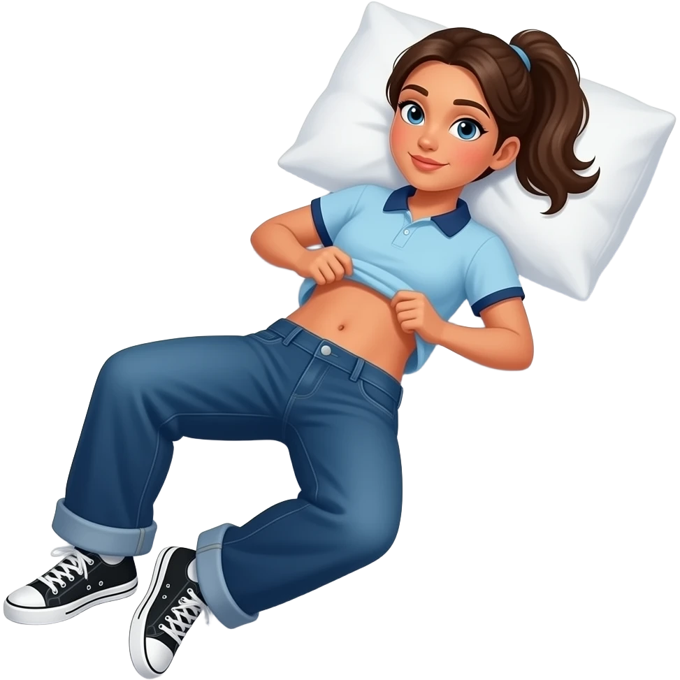Hispanic girl with brown ponytail and blue eyes light blue dark blue lined polo and dark blue baggy jeans and belly button and black and white sneakers laying down on the pillow in bed lifting her shirt rolling her tummy emoji