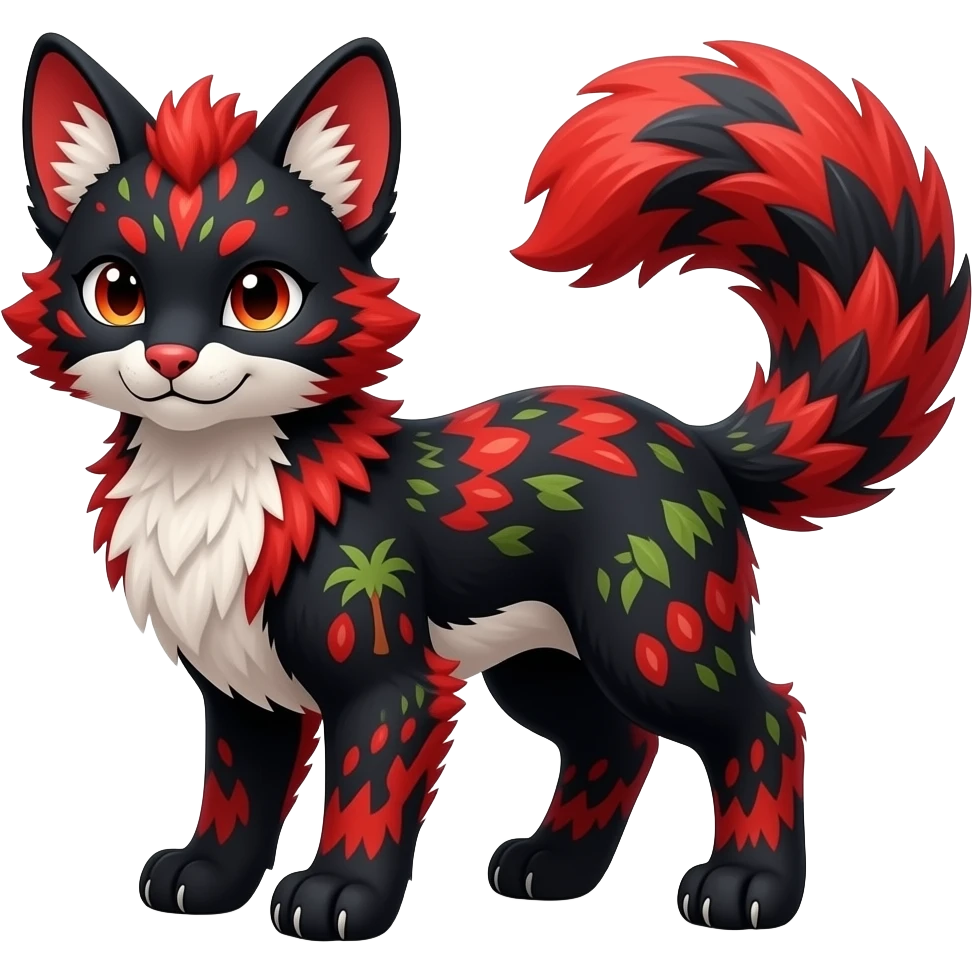 Feral Rare Fantasy shiny soft fuzzy furry vibrant tropical obsidian-black and crimson-red Vernid-Trico-species-creature by LiLaiRa, random markings, tufted tail, tufted ears, full body emoji