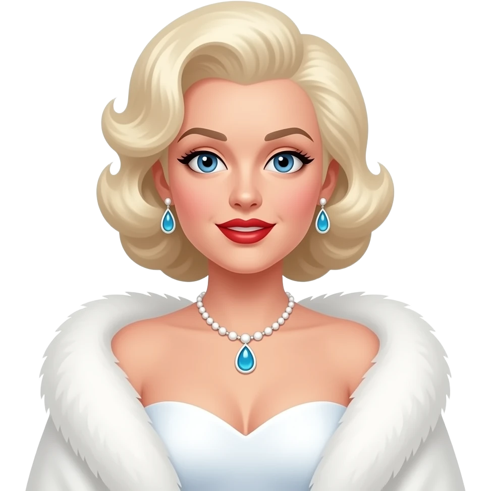 Madonna with blue eyes, white blonde pin-up hair, white sweetheart dress, white fur shawl, necklace and earrings emoji