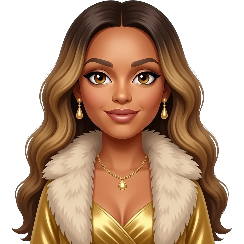Beyonce with hazel eyes, long dark blonde hair, beige fur scarf, gold dress, necklace and earrings emoji
