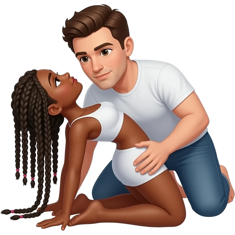 Dark skin Black girl with braids in sex position with back arch very arched, white guy with brown hair behind her emoji