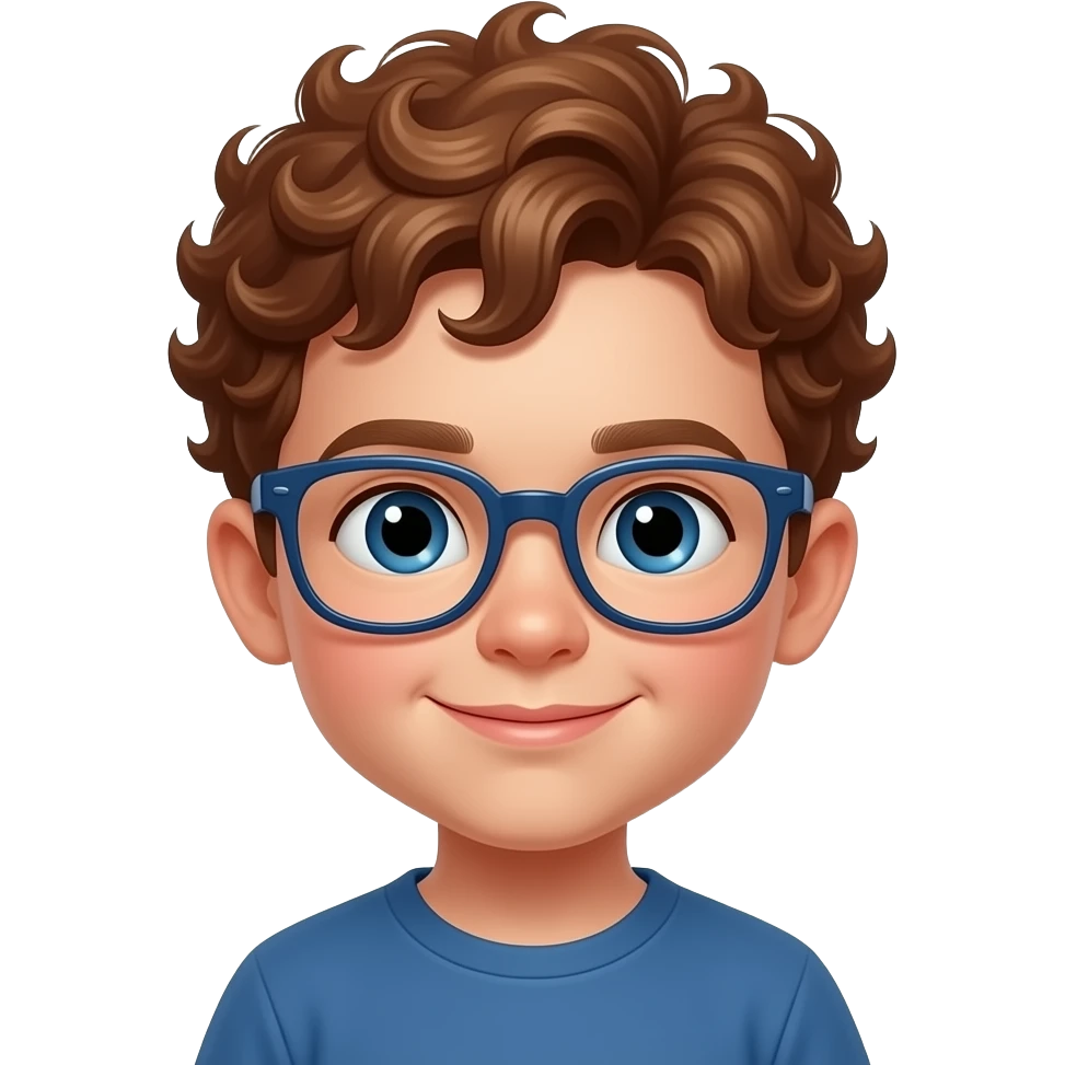 Please make a very young looking cute Little boy 4 years old tight very tight curlswith tight curly brown auburn hair and dark blue little glasswes emoji