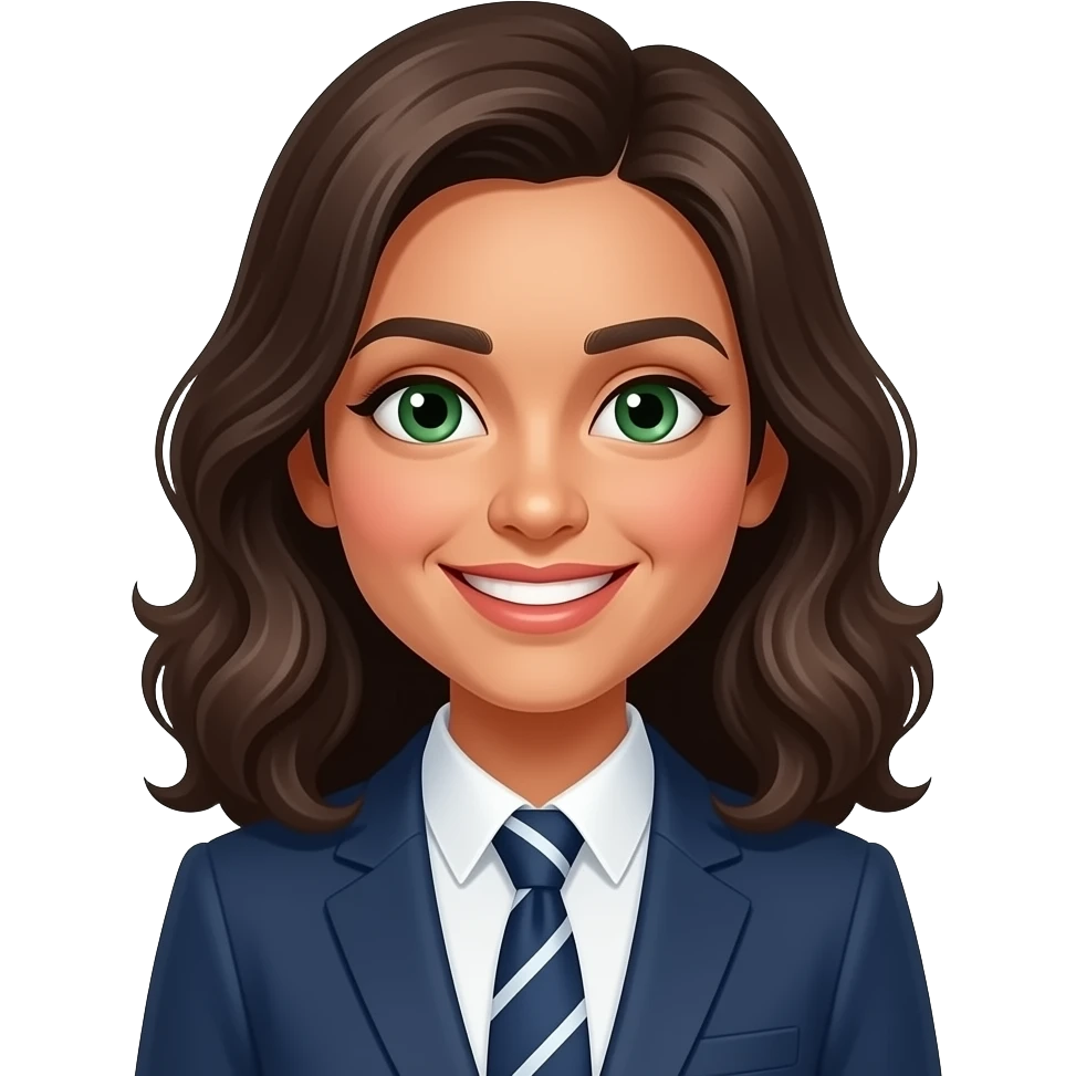 Secrétaire de type indienne avec cheveux légèrement ondulés, avec un magnifique sourire et des yeux verts emoji