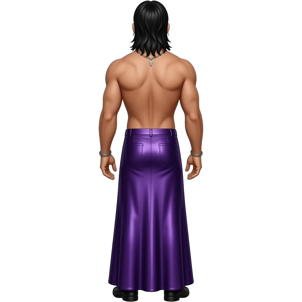 Jonathan Davis from behind with long black hair, purple metallic long skirt, shirtless with necklace and earrings emoji