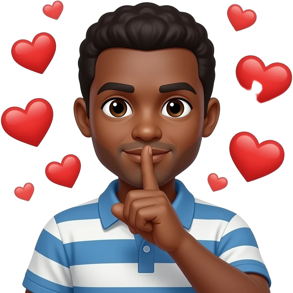 hombre de piel morena diciendo silencio, con corazones de fondo y emoji