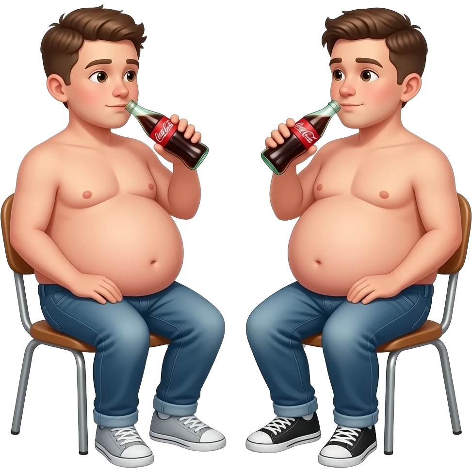 Oba chłopaki z bardzo super ogromnymi brzuchami mają 16 lat ich brzuchy mają kształt jak super ogromna kula bez koszulek siedzą na krześle i rozmawiają piją coca-cola emoji