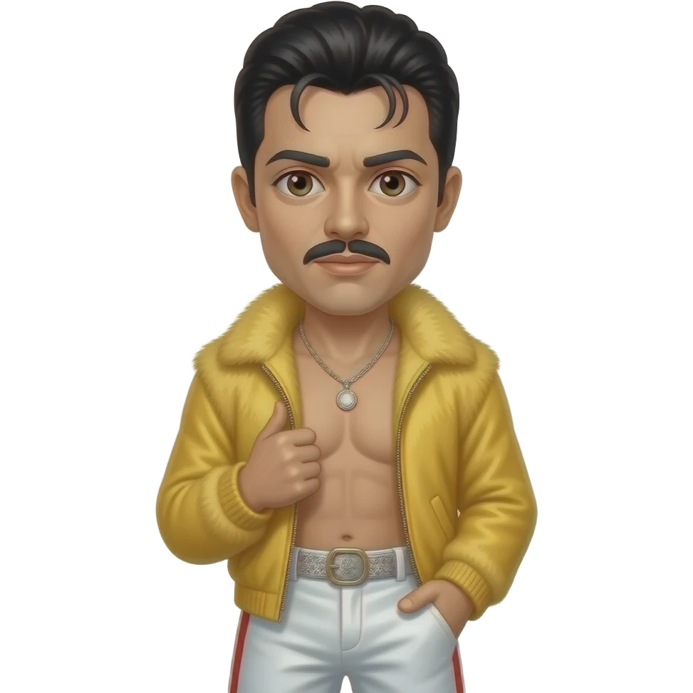 Freddie Mercury with brown eyes, black hair, yellow fur shawl, white metallic baggy pants, shirtless with necklace emoji