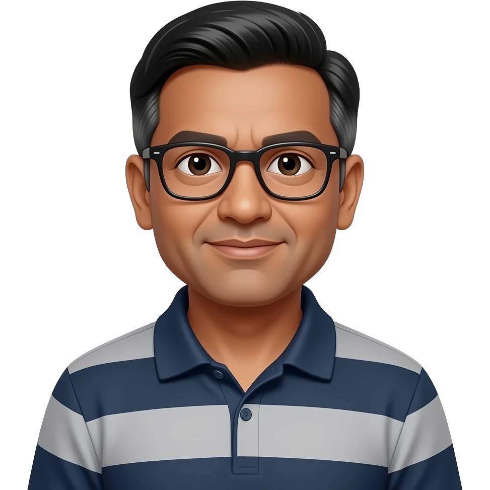 48 years old ,indian  male , with blace frame glasses , polo t shirt, slightly gray hair on sides emoji