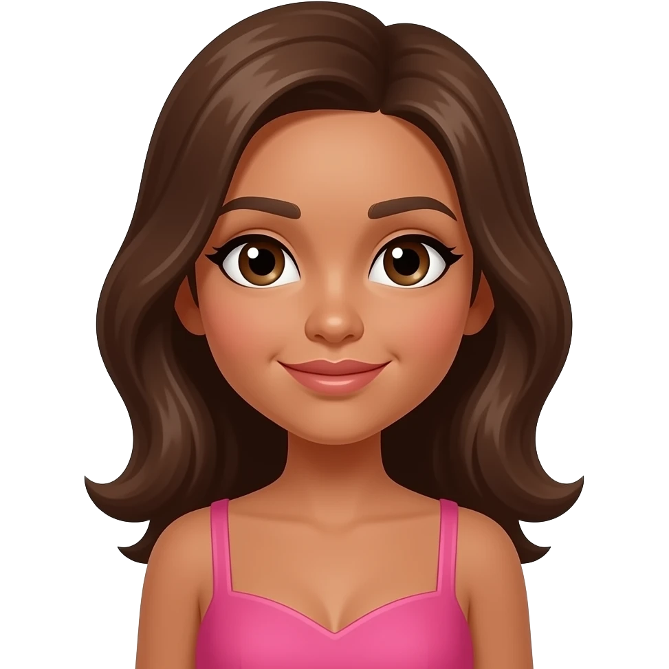 Cabello marrón, ojos cafés , vestido rosa, piel trigueña emoji