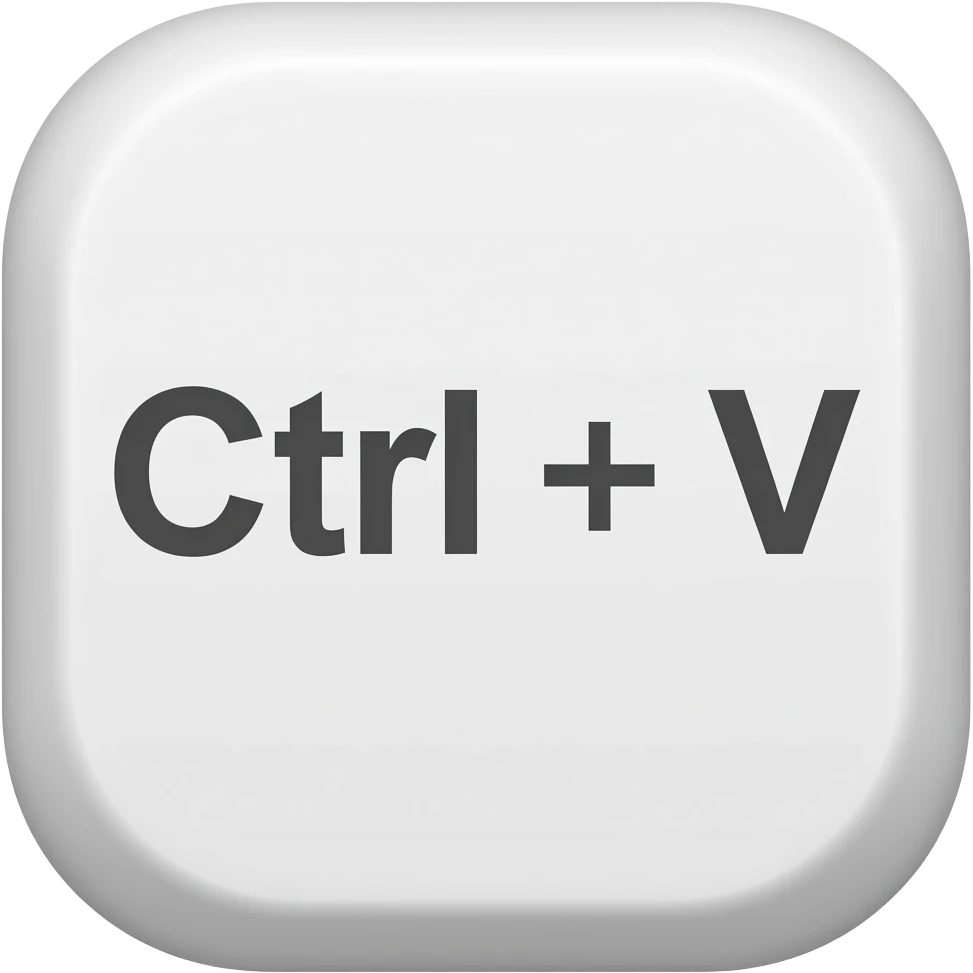 Minimal 3D emoji of a keyboard key with the text “Ctrl + V” clearly visible on the button, clean white keycap, modern tech aesthetic, soft shadows, centered composition, glossy emoji style, transparent background emoji