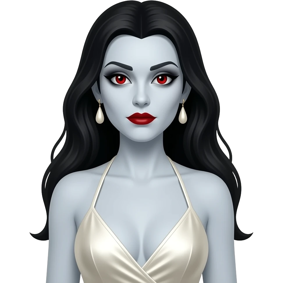 Bride of Dracula with pale-grey skin, red eyes, long black hair, black eyeshadow, red lipstick, ivory metallic halter dress, ivory earrings emoji
