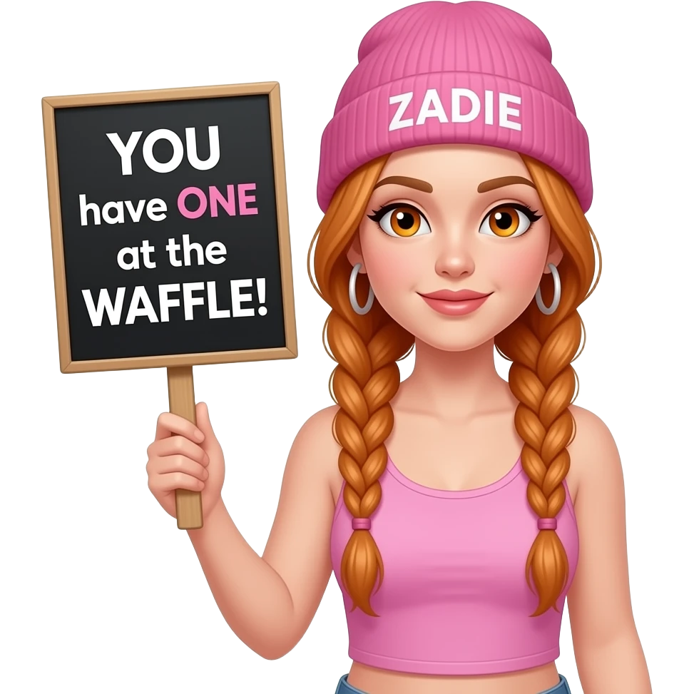 sexy girl with overlong ginger braids and ginger eyes wearing a pink tanktop and a pink beanie with ZADIE written on it, is holding a black sign with YOU have ONE at the WAFFLE! written on it emoji