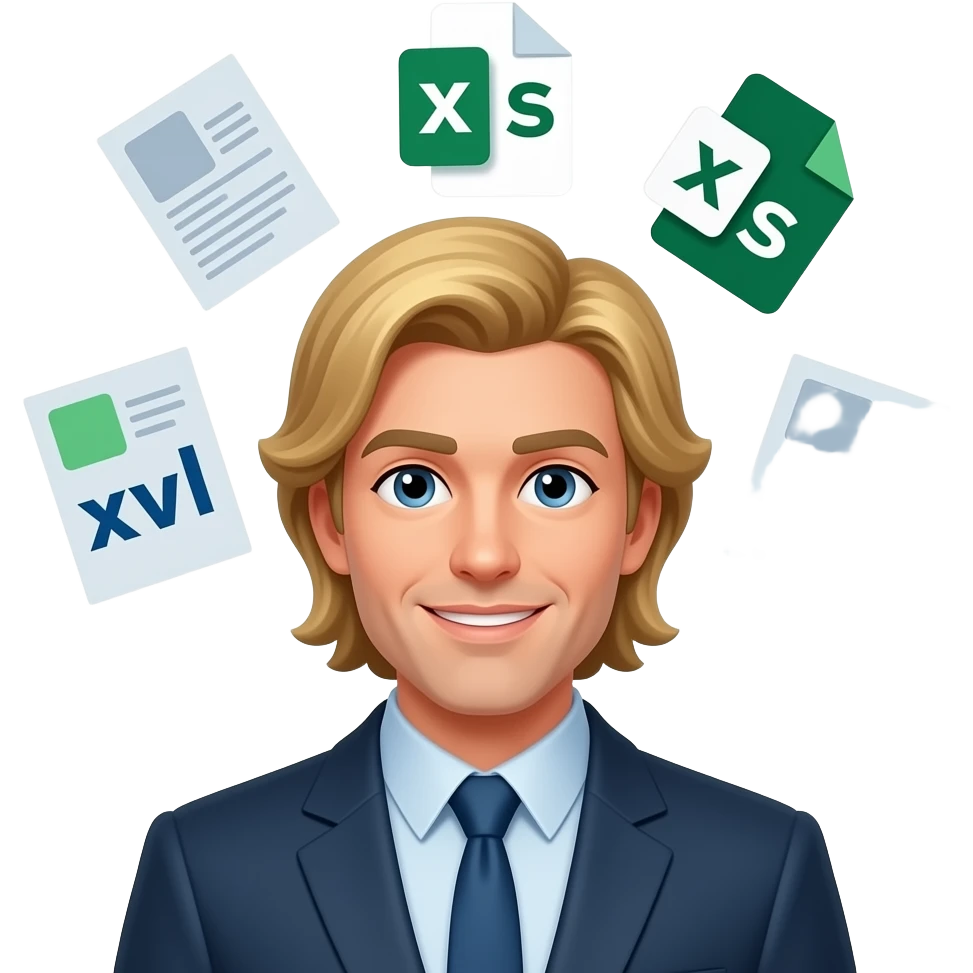 master data expert, MAN , "doc" "xls", "csv", "xml" and docs around his head , blond long hair emoji