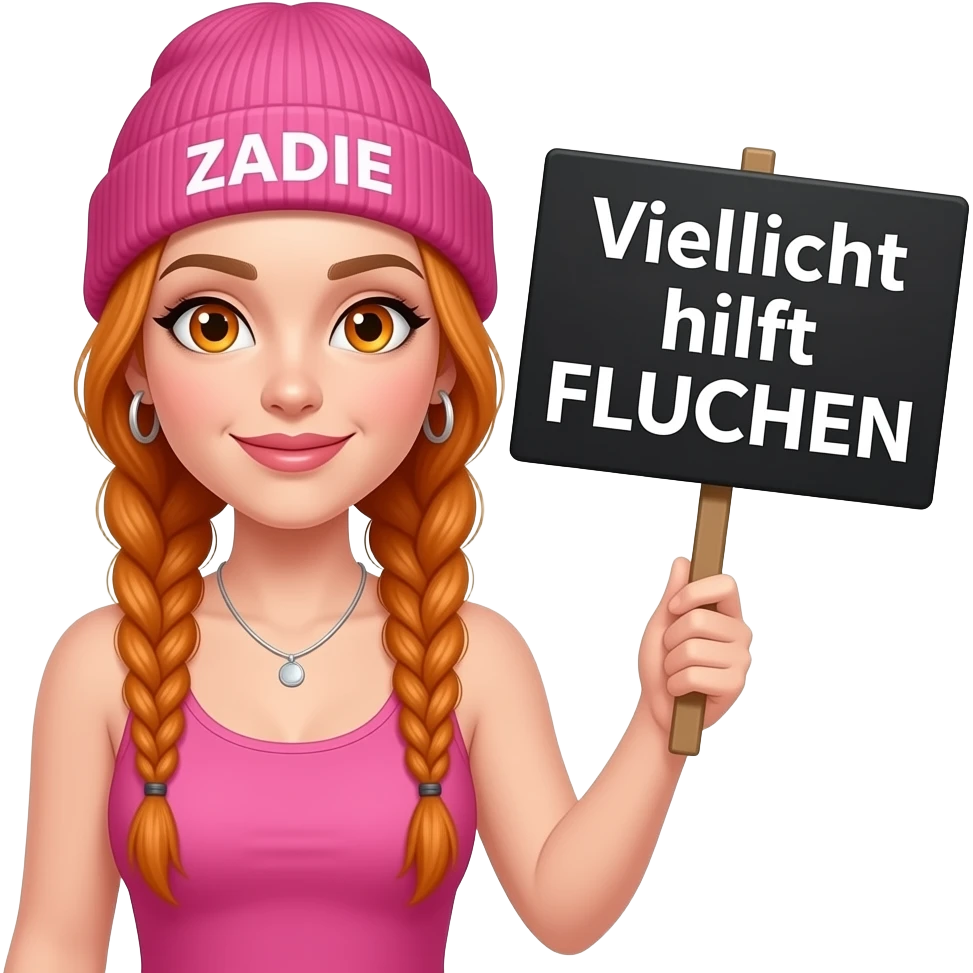 sexy girl with overlong ginger braids and ginger eyes wearing a pink tanktop and a pink beanie with ZADIE written on it, is holding a black sign with Vielleicht hilft FLUCHEN written on it emoji