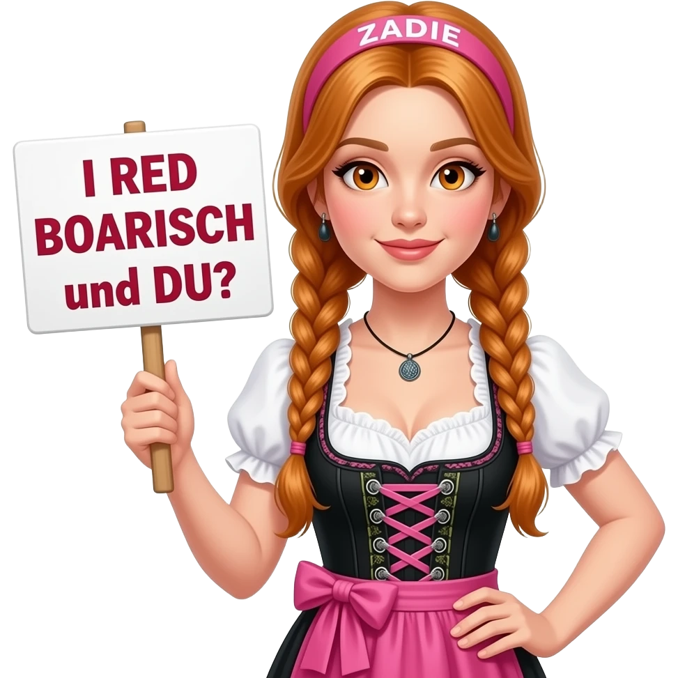 sexy girl with overlong ginger braids and ginger eyes wearing a black pink dirndl and a pink headband with ZADIE written on it, is holding a sign with I RED BOARISCH und DU? written on it emoji
