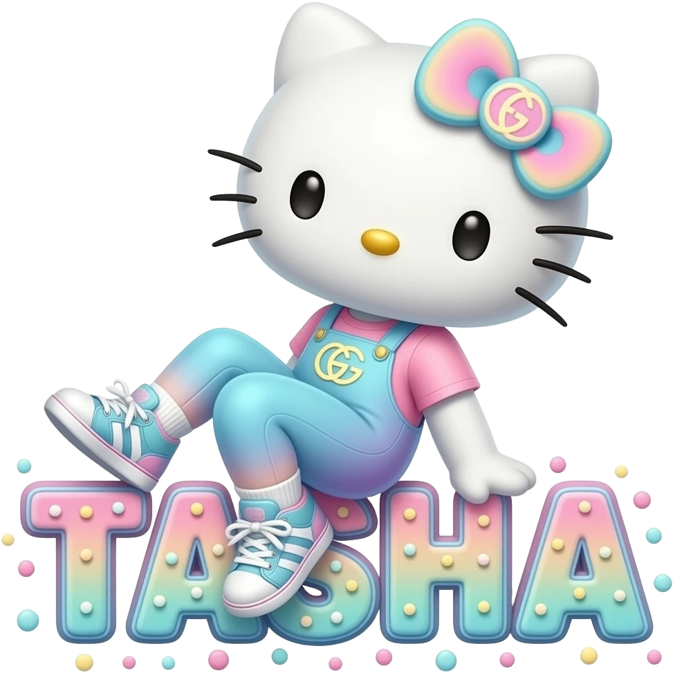 4D Velvety fur hello kitty wearing ombre white and blue and pink ombre pastel colored leggings and sneakers, and with the Gucci symbol on her ombre pastel bow sitting sideways leaning back on top of the velvety 3D outlined letters TASHA surrounded with tiny ombre pastel dots made of candy emoji