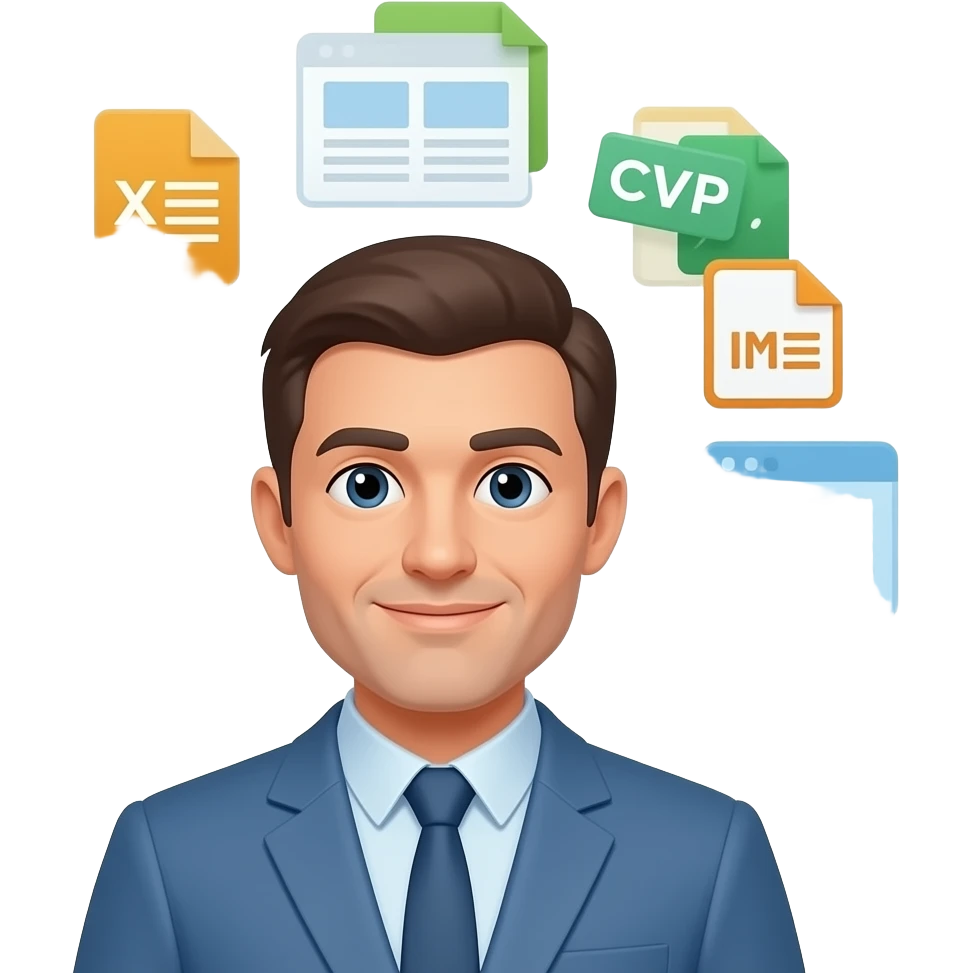 master data specialist with xls csv xml sheets around his head emoji