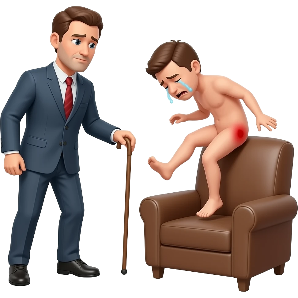 A clothed man with a thin cane beating the bottom of a small, crying, naked man bending over the back of a brown armchair, with his legs kicking in the air and his red buttocks very bruised, and emoji