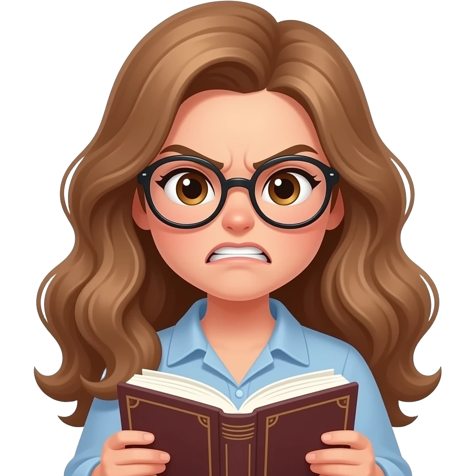 detailed emoji illustration of a curvy woman with long light brown wavy hair, light brown eyes and round glasses holding a book with an angry expression, frustrated by the story, cute emoji style emoji