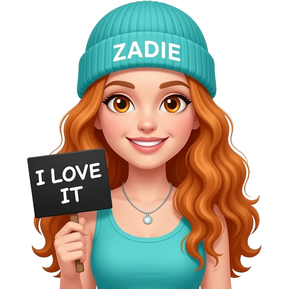 sexy girl with overlong wavy ginger hair and ginger eyes wearing a turquoise tanktop and a turquoise beanie with ZADIE written on it, is holding a black sign with I LOVE IT written on it emoji