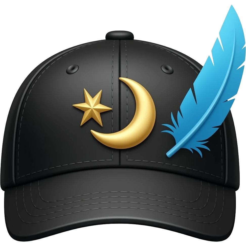 Black Breton Brixton cap with gold stars and crescent pins on the side, and a sky blue feather on the side pointing backwards emoji