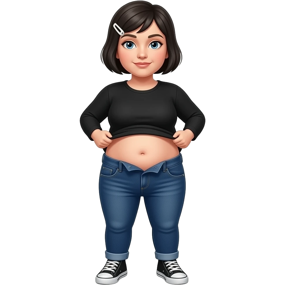 White woman with black short hair, white hair clip on the left of her hair, plain black long sleeve shirt, dark blue jeans, white and black sneakers, and a chubby body lifting her shirt to roll her belly emoji