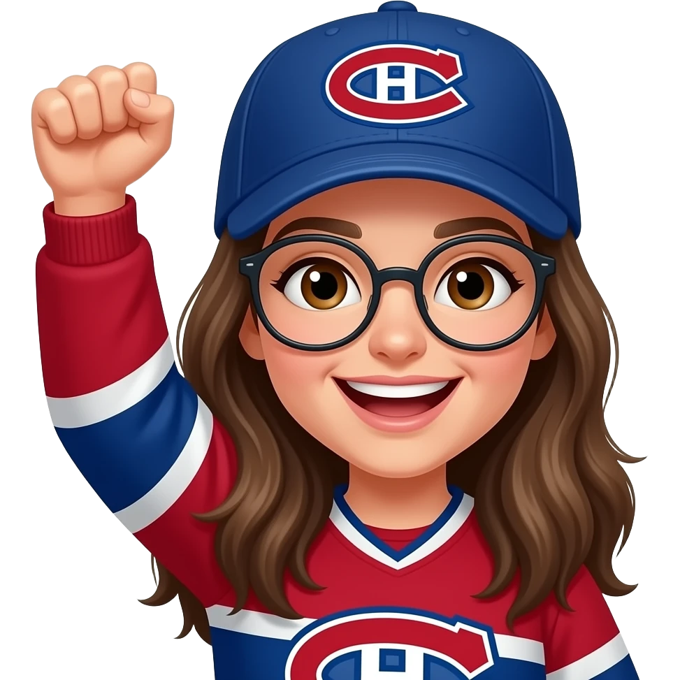 Cheering with arm in the air Brown eyed Woman with long brown hair, round glasses where Montreal Canadians cap emoji