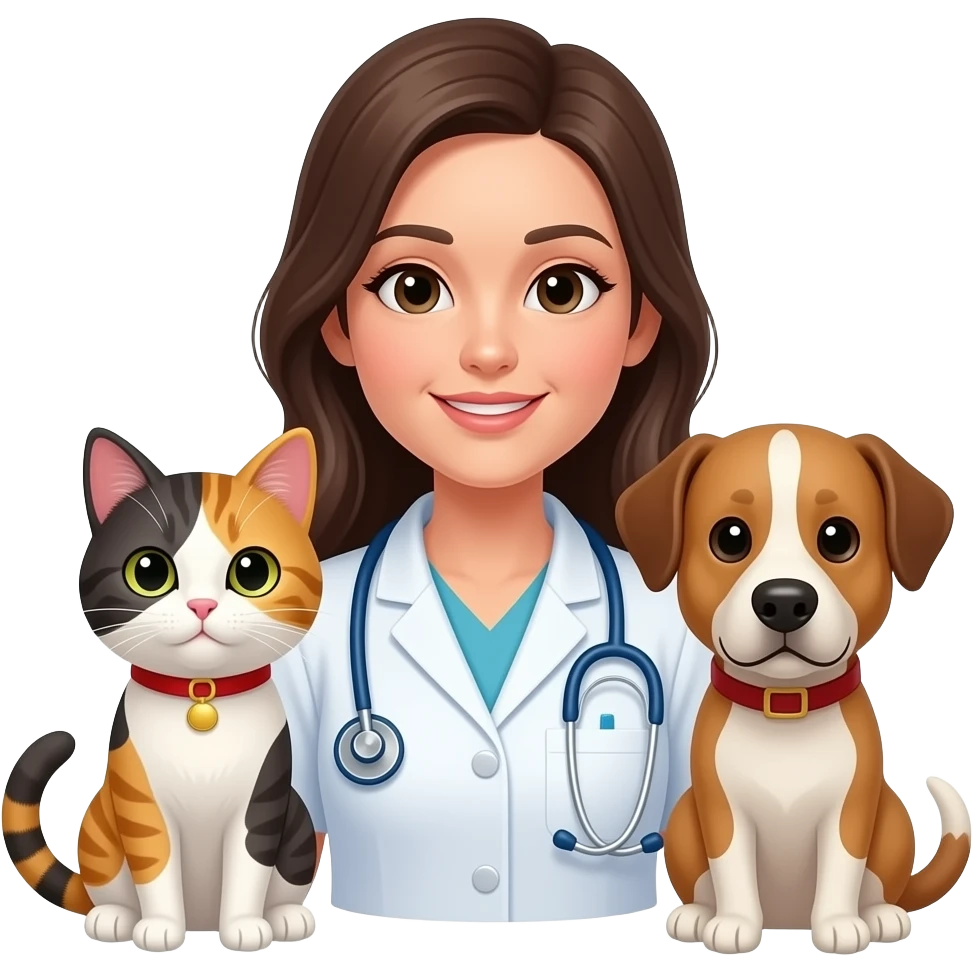 a girl veterinary with a cat, a dog and another animal, in retrato emoji