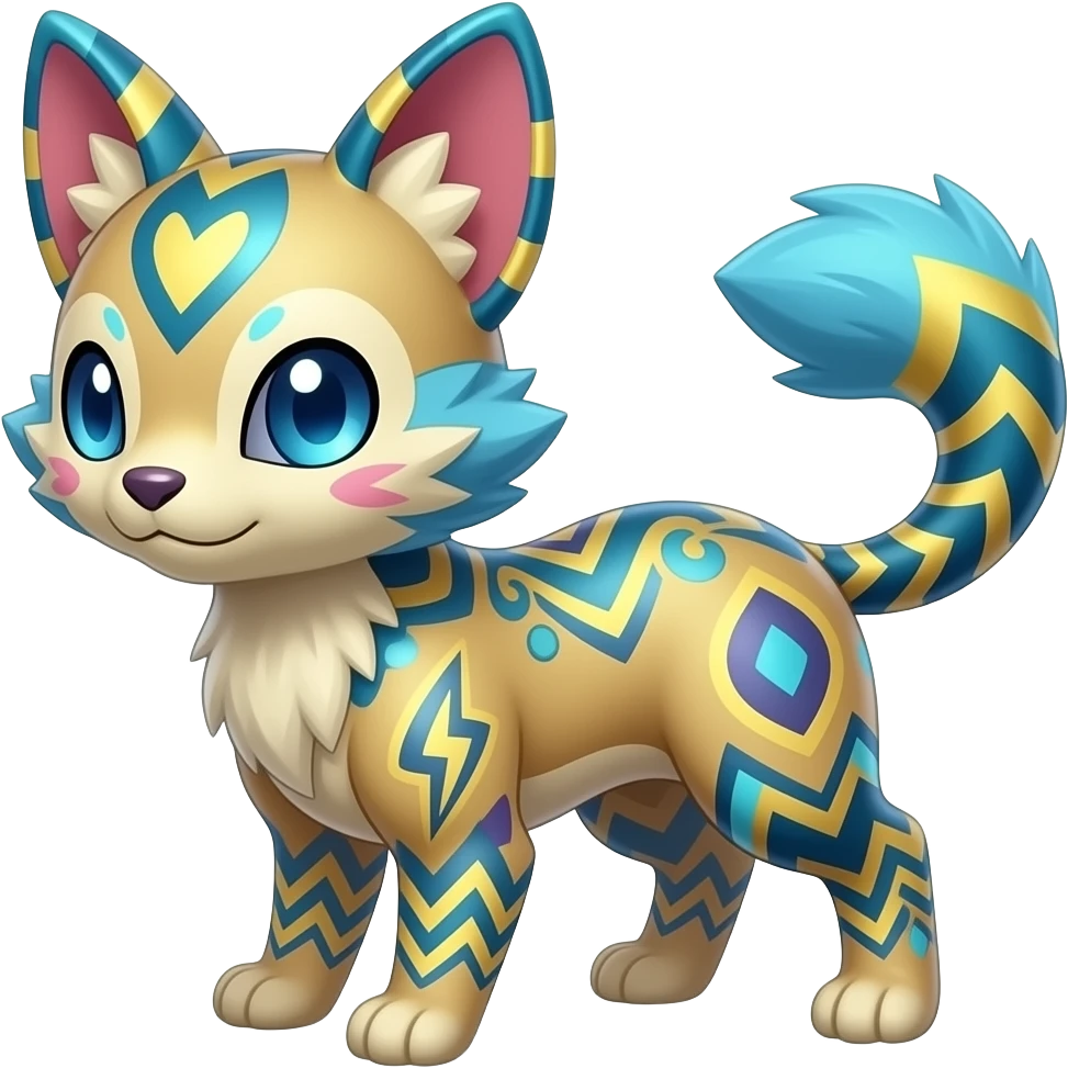 Colorful unique fantasy original shiny smooth soft flurry edgy cool Civet-Absol-Sprigatito-Vaporeon-Fakémon-hybrid with tribal chevron heart floral lightning bolt strikes damask paisley markings emoji