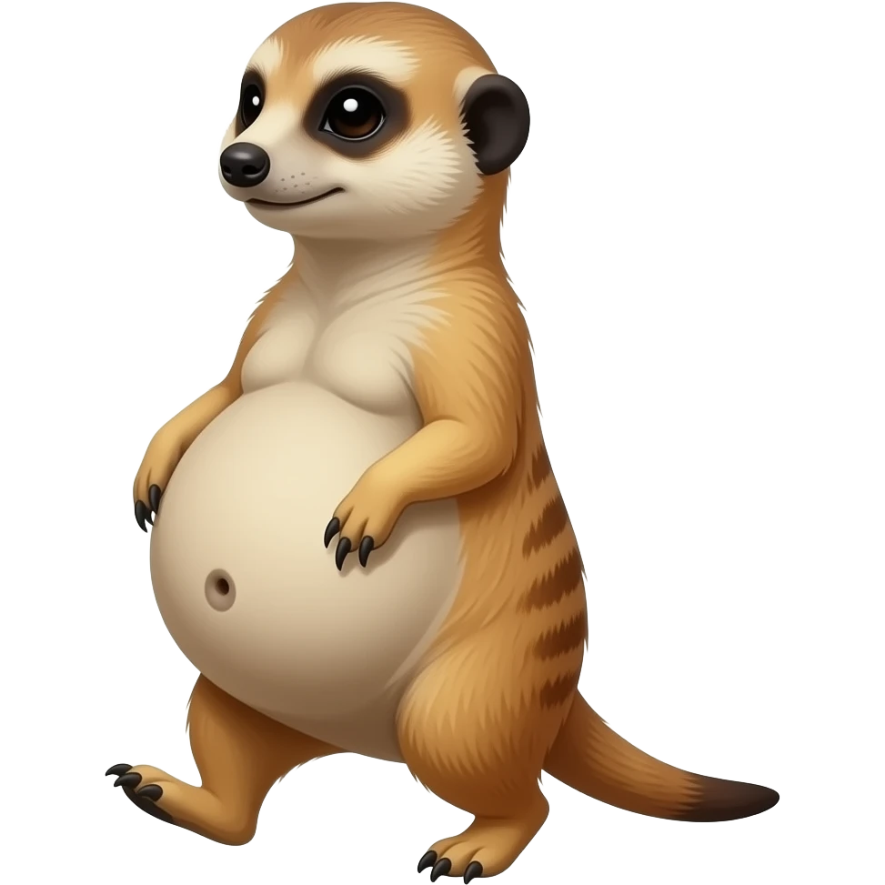A female Meerkat now wants to give a try to walk,but with her full belly so big she has to hold it up off the ground,it is a guessing game if she is gonna all the way home ,but she knows she is just fat,her bellybutton makes agreement with clues. emoji