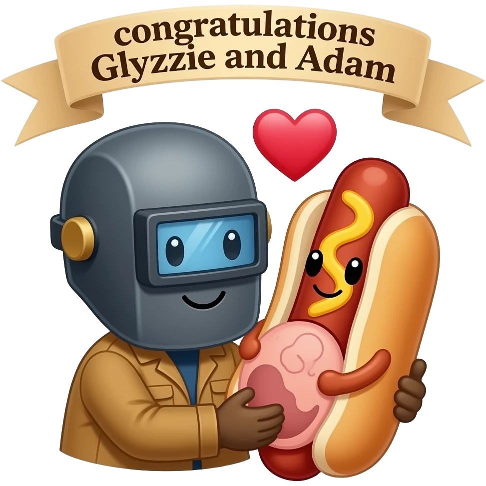 Cutesy welding helmet with a face and cutesy hotdog with a face are in love, holding an sonogram, banner above says "congratulations Glyzzie and Adam" emoji