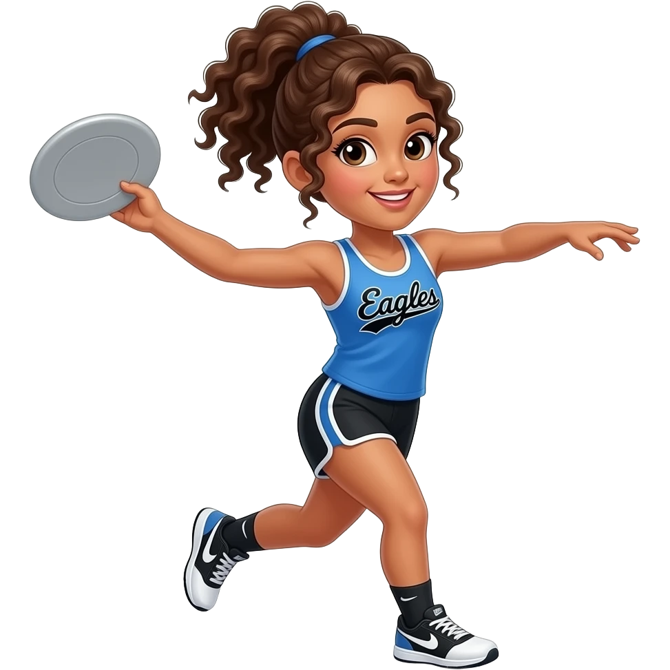 Mexican girl with brown curly hair in a ponytaily, wearing a track clothing thwoing a discus, with school colors of blue black and white that says eagles on the front in black, the shirt is a tahit with no sleeves is blue, and the pants are black Nike shorts with black and white Nike shoes emoji