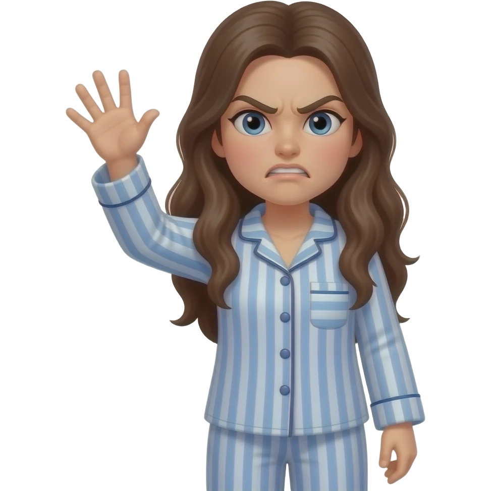 teenage girl long hair in pjs standing up mad expression lifting hand to throw something emoji