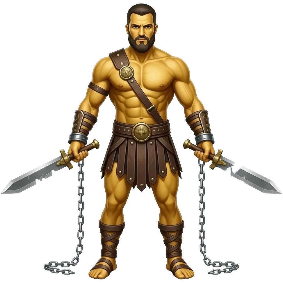 spartacus, minimal, full body, yellow skin, tipical emoji caracter style, more emojis style, more minimal, with weapons, more simplistic, emoji style, shackles on wrist with broken chains emoji