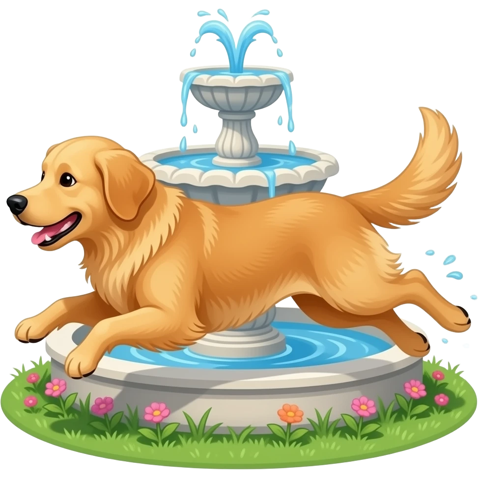 The golden retriever runs around the garden fountain. emoji
