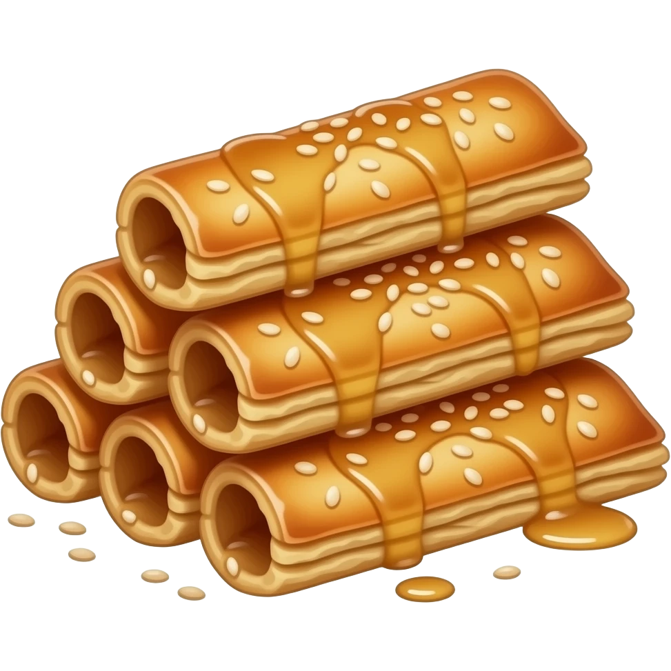 Realistic Moroccan brioua (briwat), small golden crispy pastry (triangle or cigar shape), fried warka dough, light honey glaze with sesame seeds, stacked naturally, authentic look, soft lighting, centered, ultra detailed. emoji