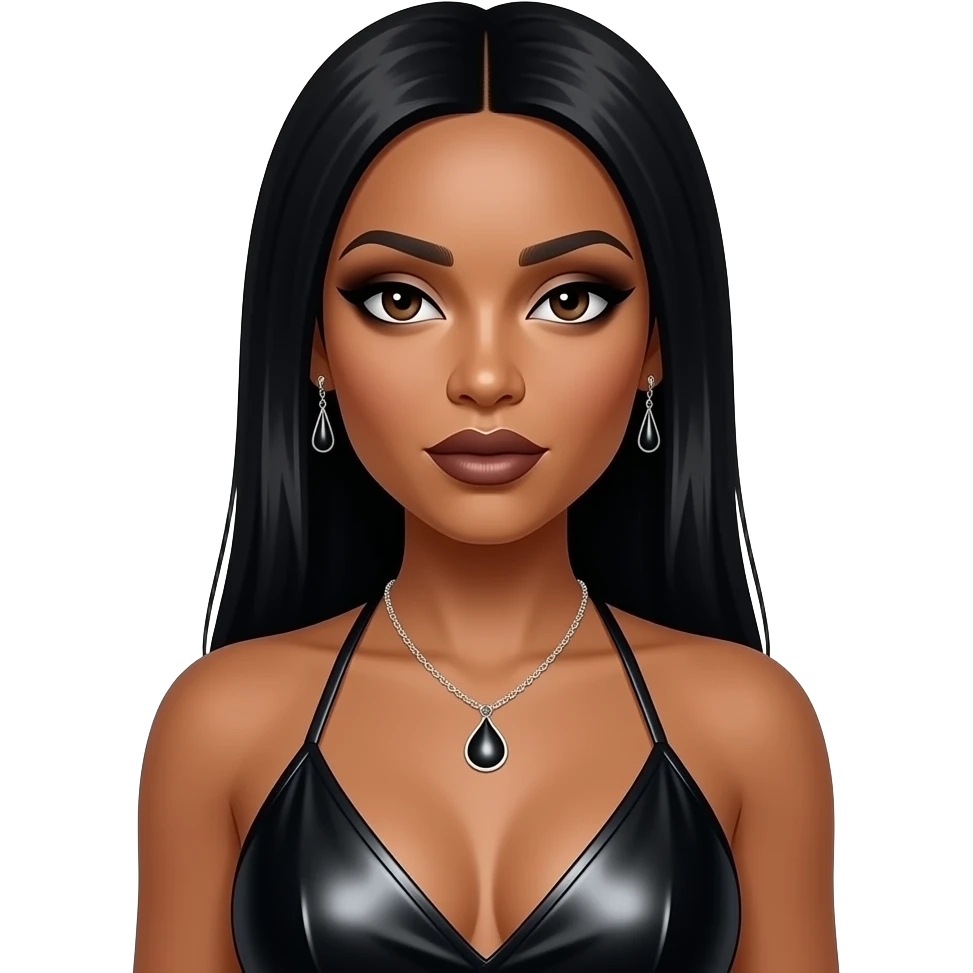 Aaliyah with dark brown eyes, long black straight hair, black eyeshadow, dark brown lipstick, black metallic halter dress, necklace and earrings emoji