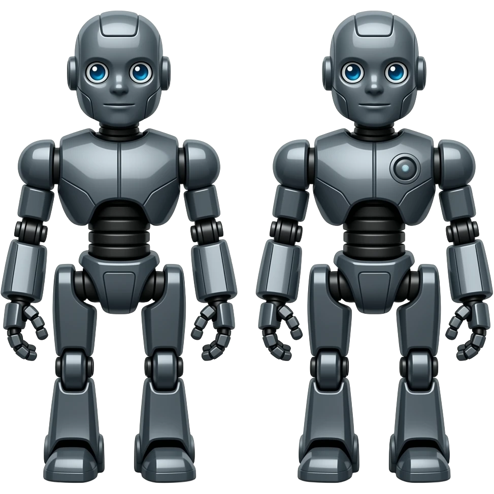 2 mechanical twins made of dark grey metal with black and red markings. emoji