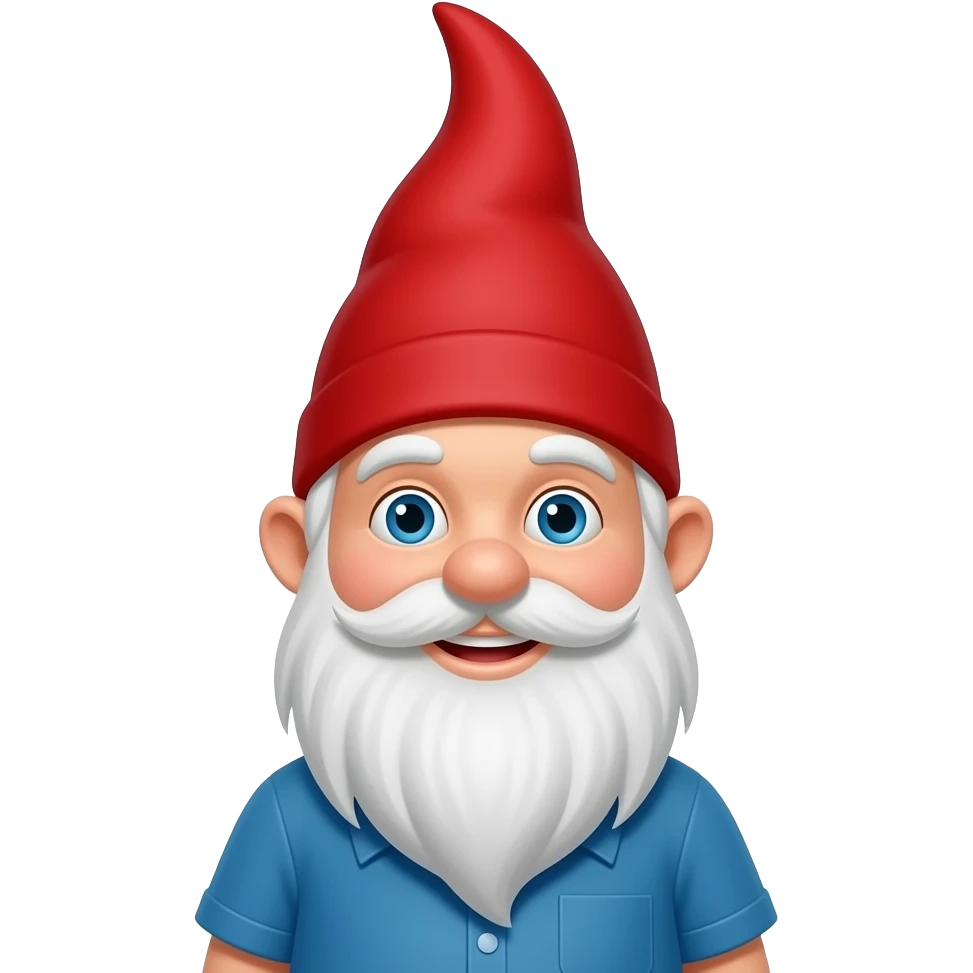 A smiling Gnome has a white beard , blue eye, blue shirt and a red pointed hair emoji