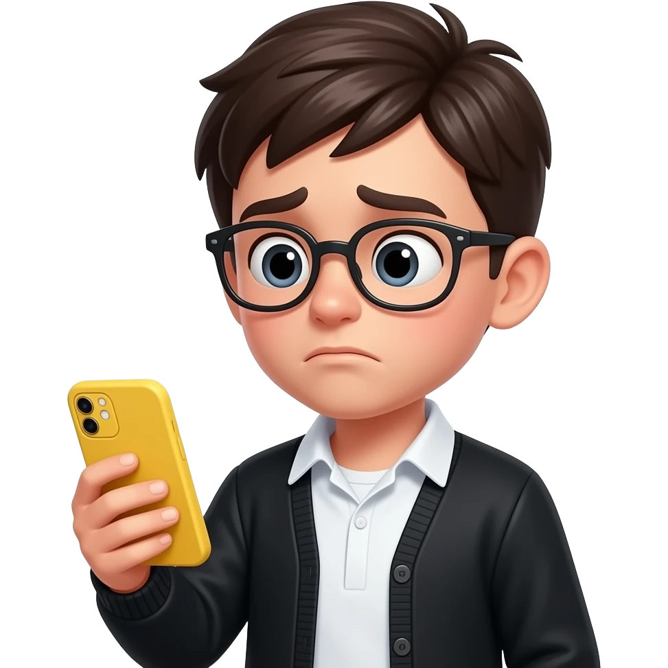 boy dark middle parted hair with glasses with confuse expression while looking directly to his yellow phone in the left hand wearing black cardigan with white inner shirt emoji