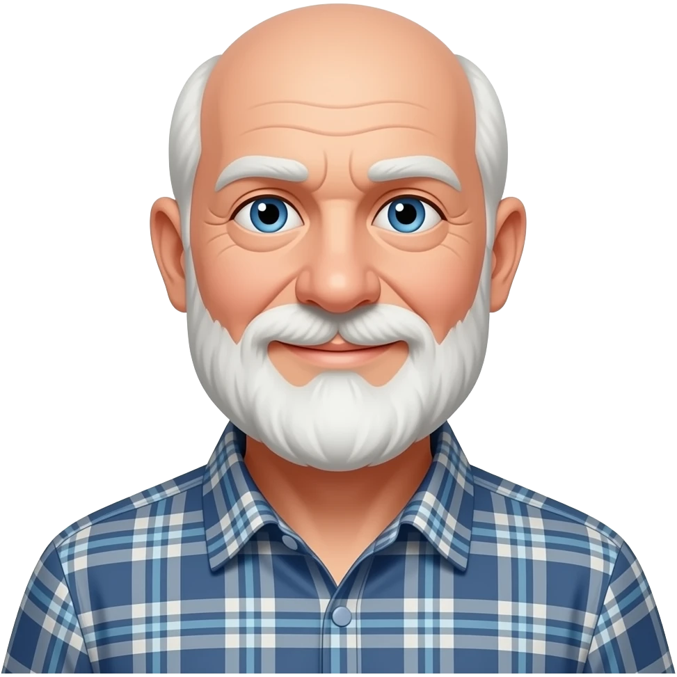 Half body emoji of an old man, white balding hair, white beard and mustache, blue eyes, in a plaid shirt, smirking emoji