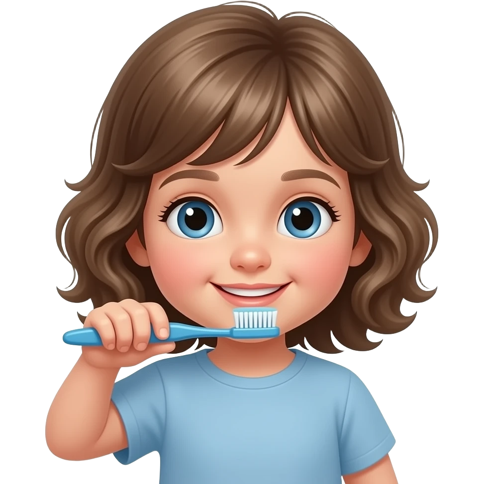 white kid blue eyes mid length with bangs soft curly hair to shoulders in color: middle to little darker blonde, with a tooth brush emoji