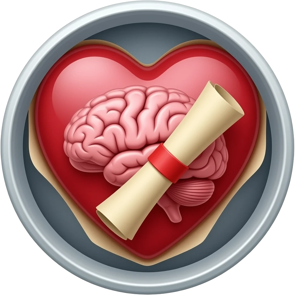 A circle containing a heart and brain with a scroll inserted into the heart and brain emoji