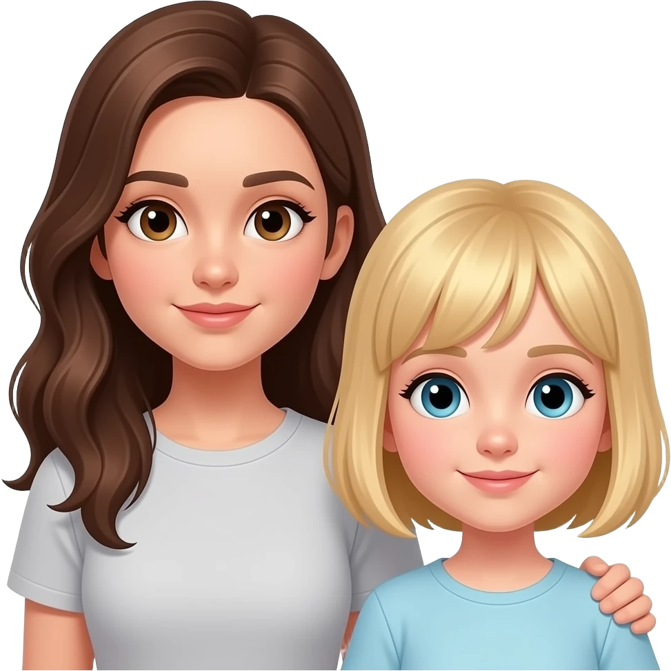 ein mädchen mit braunen haaren steht neben einem mädchen das kurze blonde haare hat das mädchen mit den blonden haaren ist kleiner als das andere. emoji