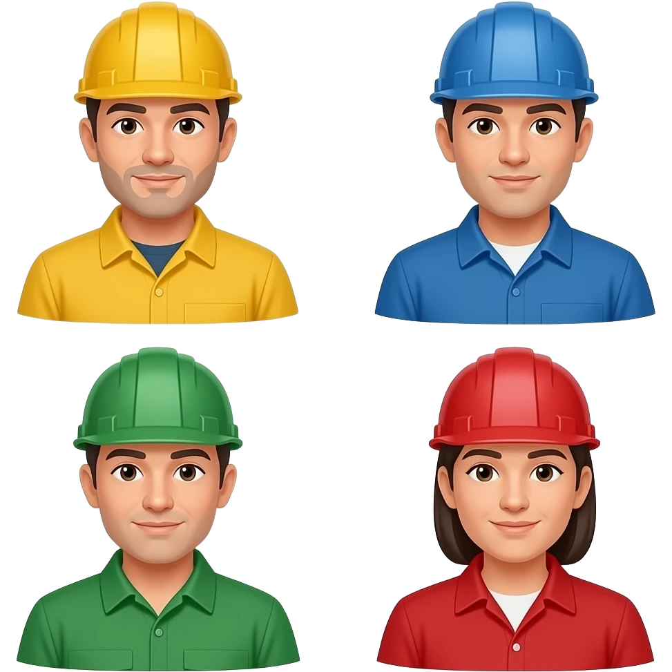 create 4 emojis, one for construction worker, hardware engineer, software engineer, and business person. use blue (hardware engineer), yellow (construction), red (business), and green (SW engineer) as main colours for each so it is distinguishable. do not put a helmet on each emoji