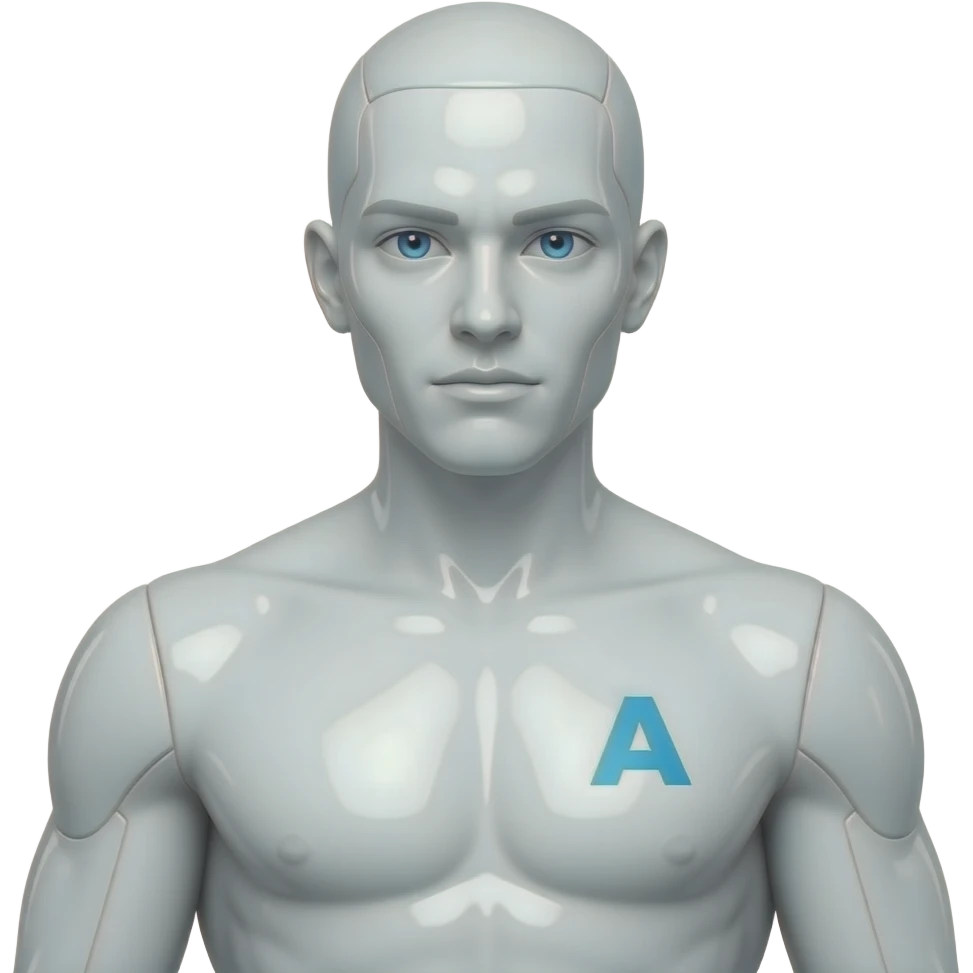 sexy männlicher Science-Fiction AI mit weißer und glänzender Haut mit Brustwarzen, das Gesicht ist auch weiß, glänzend und plastikartig. er hat keine Augenbrauen und keine Haare. Ein AI Logo als Schrift leichten blau auf seiner rechten Brust und seine Augen leuchten  auch blau emoji