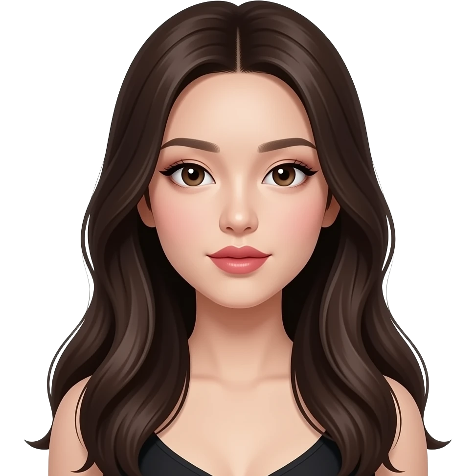 hourglass body beautiful wasian girl with smokey eyeliner + blush + long blowout brown hair + brown doe eyes + huge lips + straight very long dark brown almost black hair + light skin emoji