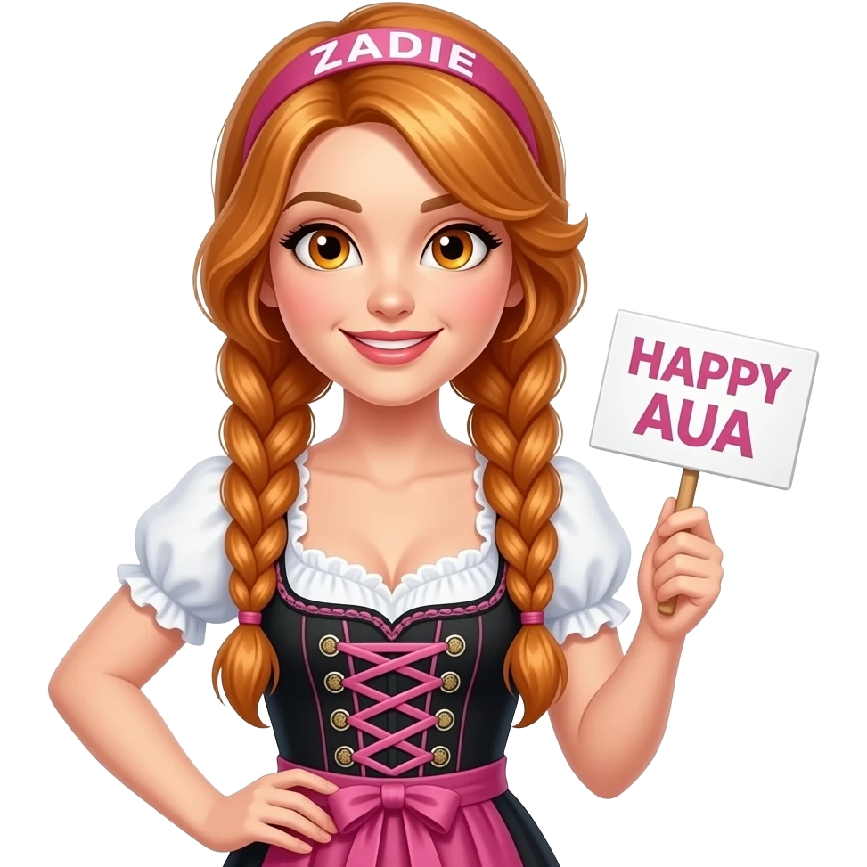 sexy girl with overlong ginger braids and ginger eyes wearing a black pink dirndl and a pink headband with ZADIE written on it, is holding a sign with HAPPY AUA written on it emoji